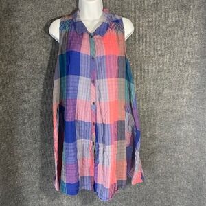 Holding Horses Tunic Top Womens S Colorful Plaid Sleeveless Western Boho Airy